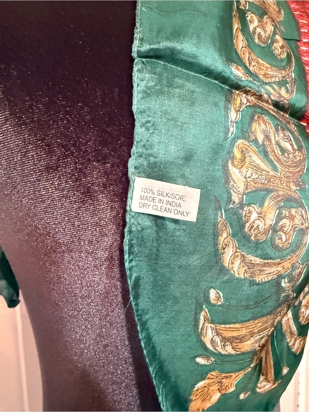 Green Silk Medallion Print Scarf with Red & Purple Accents - Picture 3 of 3